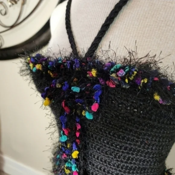 HANDCRAFTED Top Corsetted Cropped Crochet Black Size M - Picture 3 of 13